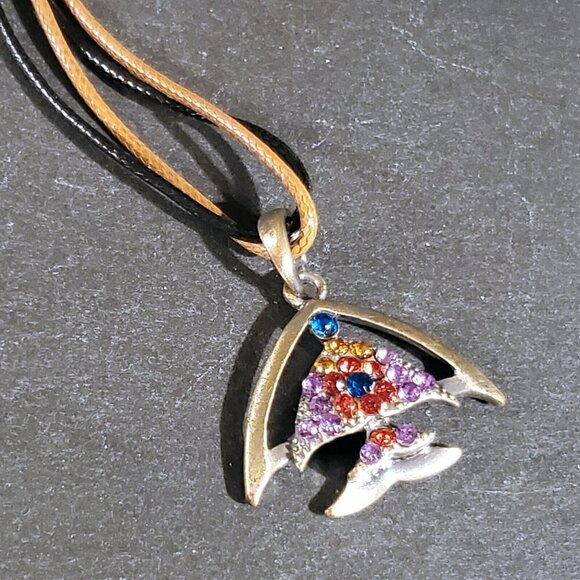 Rustic Antique Bronze Rhinestones Tropical Fish Pendant Necklace Vegan Leather - Picture 10 of 11